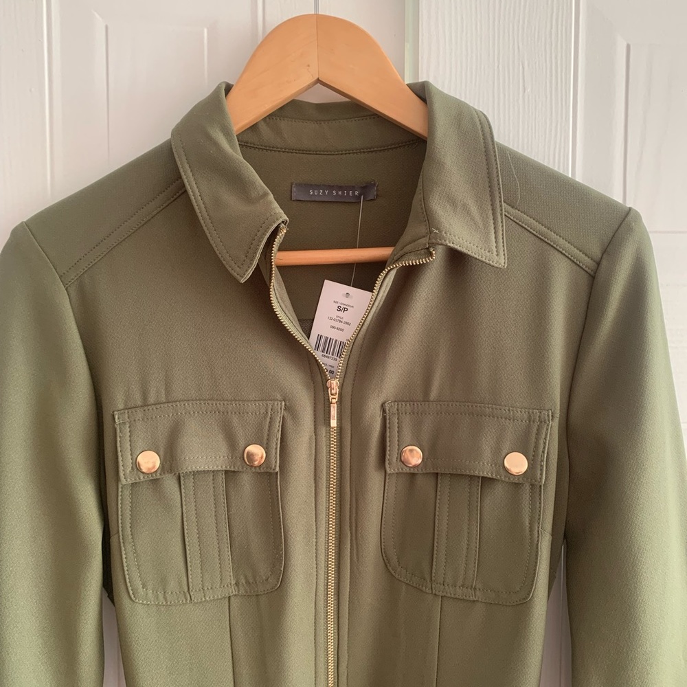 Suzy Shier army green polyester dress with gold button and belt accents.